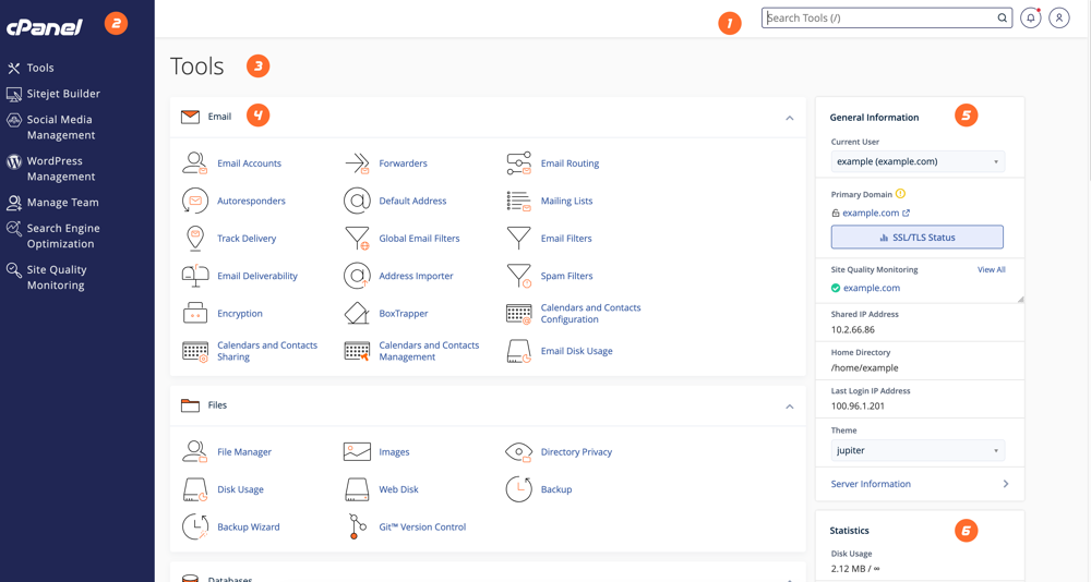Vista real de cPanel en un servidor de hosting